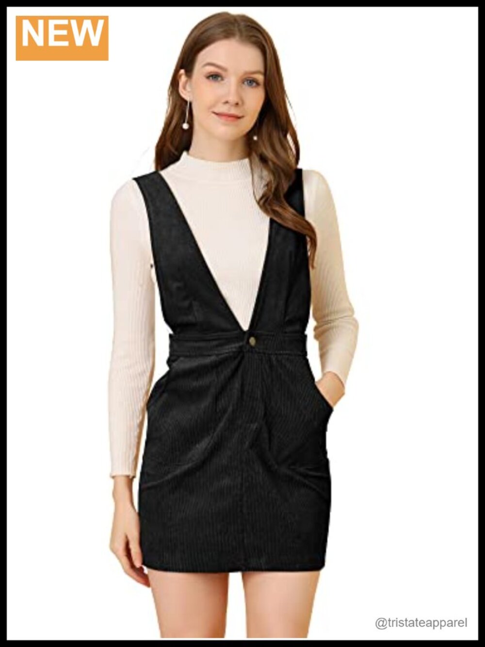 Corduroy Overall V Neck Strap Mini Pinafore Dress Button Front Sleeveless